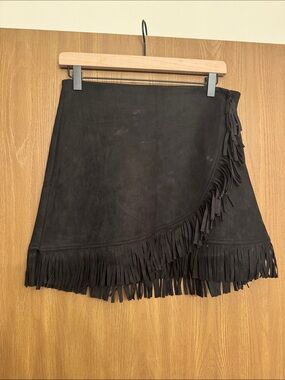 Asymmetrical Black Fringe Wrap Skirt